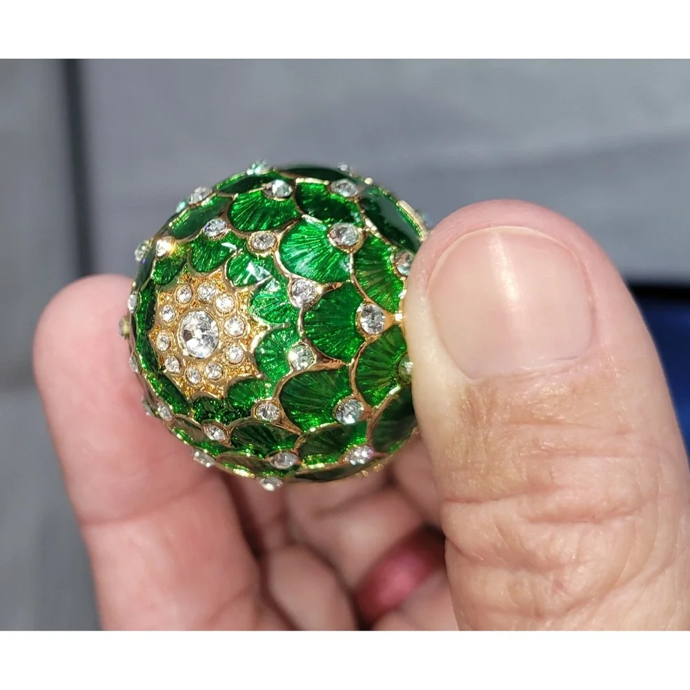 Emerald Green Fabergé Style Jeweled Egg Trinket Box Gold Tone & Rhinestones 2